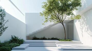 Minimalist architectural design blending nature and clean lines, showcasing a tree in a courtyard with white walls and subtle shadows. photo