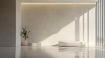 Minimalist room bathed in sunlight, featuring a plant, platforms, and sleek design elements. Serene atmosphere for relaxation and contemplation. photo
