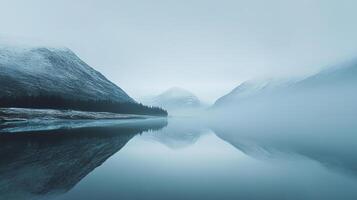 Mist-shrouded mountains reflected in serene waters, a tranquil scene in shades of blue, white, and gray, evokes a sense of peace. photo