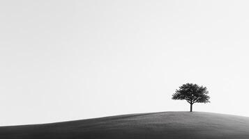 Solitary tree standing on a hilltop against a bright sky, creating a peaceful and minimalist scene. Simple landscape photography. photo