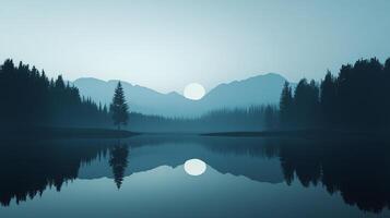A serene landscape featuring a tranquil lake reflecting silhouetted trees and mountains beneath a bright, soft sun or moon. photo