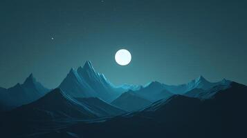 Serene mountainscape illuminated by a full moon, creating a peaceful, ethereal night scene. Stars twinkle in the indigo sky above the peaks. photo