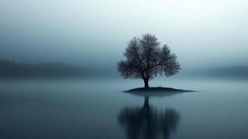 A tranquil scene featuring a solitary tree standing on a small island in a misty lake, with a reflection mirroring the tree's image. photo