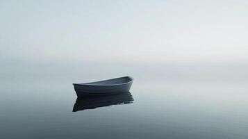 Solitary boat adrift on a serene, misty lake, its subtle reflection mirroring a peaceful, isolated journey on calm waters. Tranquility reigns. photo