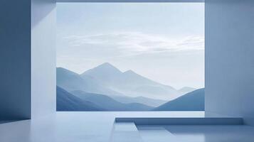 Minimalist studio with a serene mountain view. The blue and white tones create a peaceful, calming atmosphere. Abstract and modern aesthetic. photo