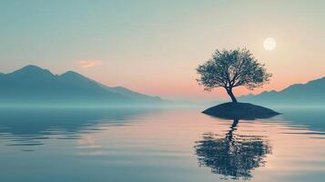 Serene island scene with lone tree reflected in calm water, mountains backdrop and moon above, evoking peace and solitude. photo
