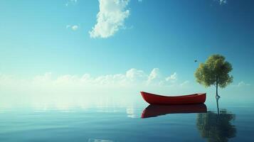 Solitary boat by the calm water and a tree beneath the clouds and the bird is the scenery for a wonderful view from the peaceful place photo