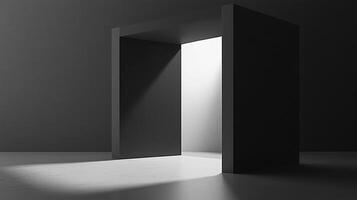 Abstract monochromatic shot of a dark portal with soft light leaking through the opening, creating a minimalist and surreal atmosphere. photo