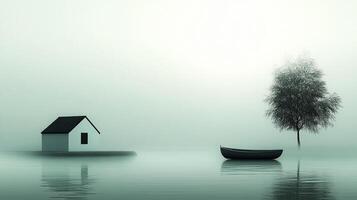 A serene scene of a small house on a tiny island with a boat and tree in a misty lake, creating a sense of tranquility and isolation. photo
