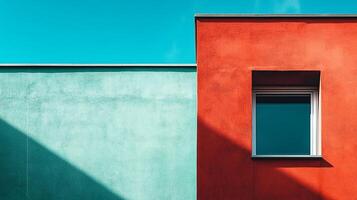 Geometric architecture with colorful walls and a window under a clear sky, creating a visually striking and minimalist design. photo