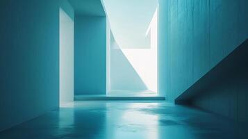 Minimalist teal architecture with geometric forms and reflected light. Serene and modern, conveying a sense of space and clarity. photo