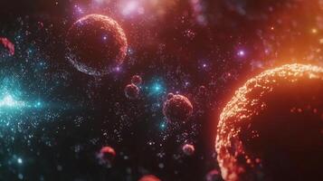 Cosmic landscape featuring astral bodies and stardust, illuminated by neon light. An abstract representation of the cosmos. photo