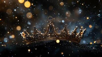 A gilded crown rests against a dark, glittering background, lit by bokeh. Regal symbol in golden hues on starry backdrop. photo
