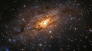 Image showcases a galaxy with a bright, luminous core surrounded by swirling dust and gases, all amidst a backdrop of countless stars. photo