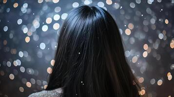 Back view of a person with flowing dark hair surrounded by sparkling bokeh lights, creating a magical and ethereal ambiance. photo