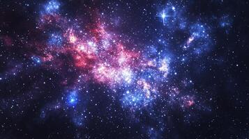 A vibrant deep-space image features a stunning nebula in rich blues and purples amidst a field of stars creating a cosmic spectacle. photo