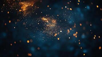 An enchanting scene of sparkling lights against a dark blue background, creating a dreamy, ethereal effect evoking magic and wonder. photo