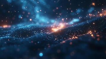 Abstract landscape with twinkling blue and orange dots, creating a cosmic, ethereal feel. Soft, dreamlike bokeh. Artistic rendering. photo