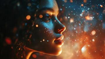 Profile of a woman's face with colorful sparkling effects highlighting her features against a dark background with bokeh lights. photo