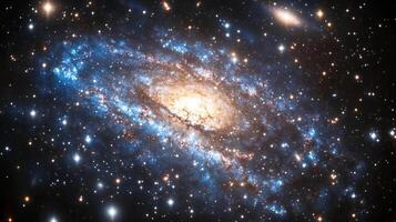 Vibrant spiral galaxy in deep space, showcasing swirling arms, bright core, and cosmic wonder, surrounded by twinkling stars. photo