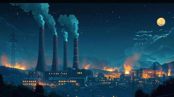 Night factory scene with tall chimneys emitting steam against a starry sky and a bright moon, with an overall atmospheric glow. photo