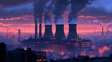 Urban industrial zone with reactors and chimneys against a dusk sky, depicting pollution and environmental concerns in a cityscape. photo