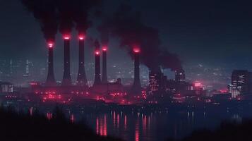 Night skyline with illuminated factory chimneys billowing smoke into the dark sky, reflecting in the calm water, creating a dramatic scene. photo