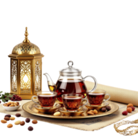 A tea set with cups and a lantern on a table png