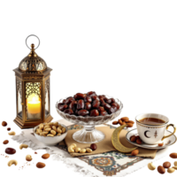 A table with dates, nuts and a cup of coffee png
