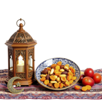 A table with a bowl of dates, a lantern and a plate of fruit png