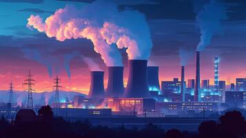 Stylized industrial landscape with cooling towers and vapor plumes against a colorful sunset sky, creating a surreal atmosphere. photo