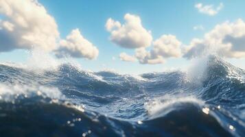 Ocean waves under a cloudy sky, water splashes creating a dynamic scene, blue and white colors dominate the seascape, beautiful weather. photo