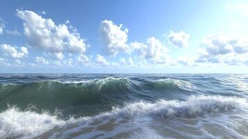 Serene ocean waves crash on the shore under a clear blue sky with fluffy white clouds, creating a peaceful coastal landscape. photo