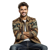 A man in a jacket sitting on a chair png