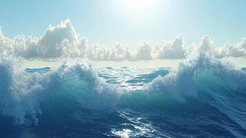 Waves crashing in a vibrant ocean under a sunny sky with clouds, showcasing nature's power and beauty. Scenic ocean view on sunny day. photo