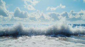 Ocean waves crash on a sunny beach, creating a dynamic display of water and foam under a partly cloudy sky, a seascape scene. photo