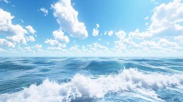 Vast ocean view with gentle waves meeting a bright blue sky filled with puffy white clouds. The sky and sea are calm and serene. photo