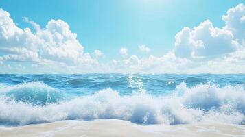 Seascape with breaking waves on a sandy beach under a sunny sky with fluffy clouds, creating a serene and picturesque coastal scene. photo