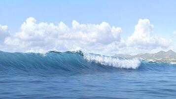 Powerful wave crests, churning white foam on the open ocean. A distant coastline meets fluffy clouds in an idyllic blue sky. photo