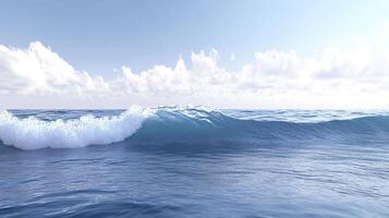 A mesmerizing ocean scene shows a dynamic wave with foaming crests under a serene sky filled with soft, white clouds. Water reflects light. photo