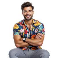A man in a floral shirt sitting on a chair png