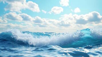 Aqua wave crests against a cloudy azure sky, showcasing nature's vibrant hues and ocean's dynamic energy. Ocean scenery is quite refreshing. photo