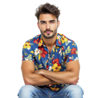 A man in a hawaiian shirt sitting on the floor png