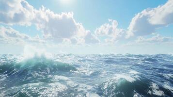 Ocean waves roll under a bright blue sky dotted with fluffy white clouds. The sea's surface sparkles, reflecting sunlight in this calming scene. photo