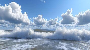Waves crash beneath a bright sky filled with billowing clouds, showcasing the ocean's power and beauty in a serene coastal scene. photo