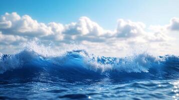 A dynamic ocean wave crests under a partly cloudy sky, showcasing the power and beauty of the sea, creating a serene seascape view. photo