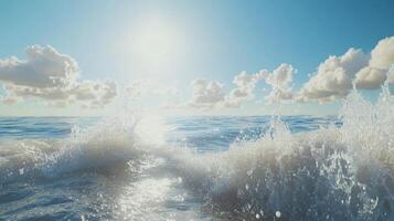 Waves crash under a sunny sky, creating sea foam. Clouds add depth and serenity. Ocean scene captures the power and tranquility of nature. photo