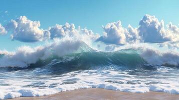 Ocean wave crests under a bright blue sky dotted with fluffy white clouds, creating a serene yet powerful beach scene. photo