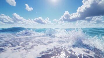 Seascape view with ocean waves and blue sky with scattered clouds on a sunny day, seen from a low angle by the beach, bright and fresh photo