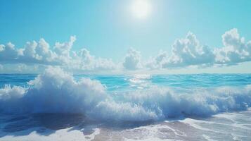 Ocean waves crash against the shore under a bright sky, showcasing nature's beauty and power with a refreshing and calming presence. photo